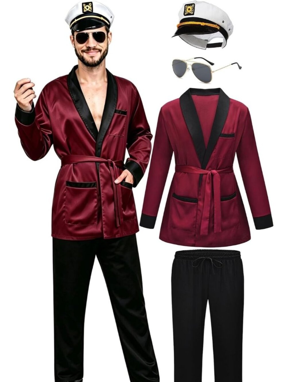 Playboy Party Captain Halloween Costume Silky Robe Pants Hat Set (XL)